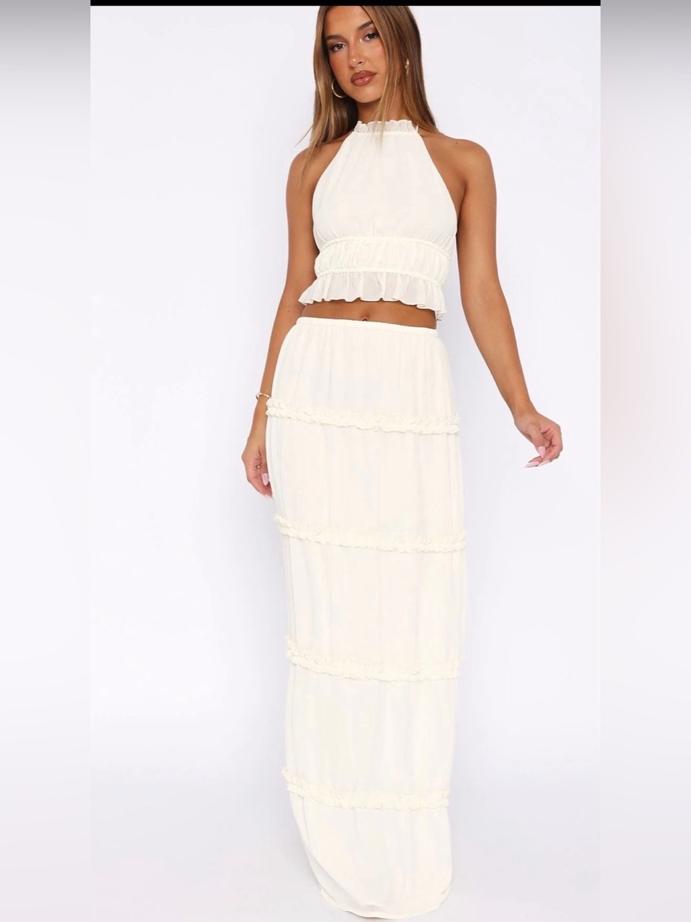 White Fox Boutique Cream Halter Tiered Maxi Skirt Set